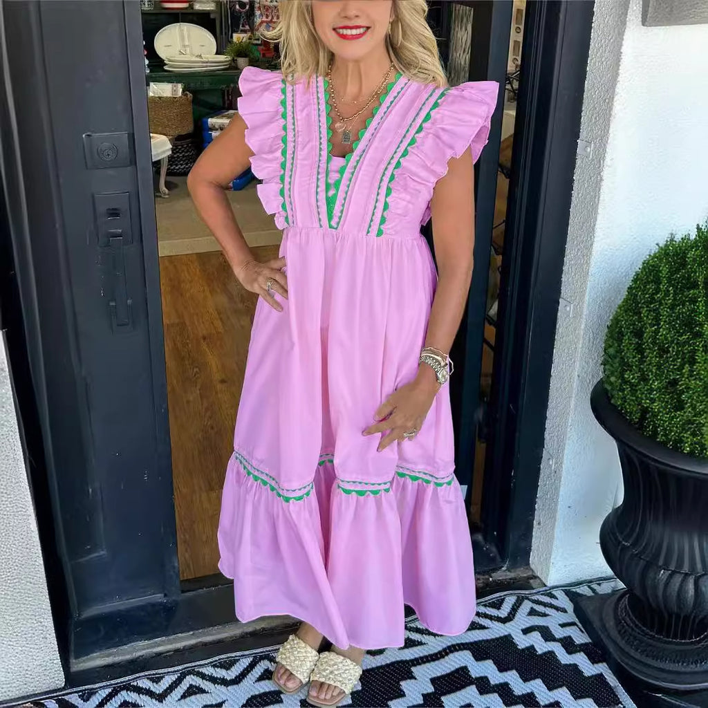 Robe sans manches à volants et patchwork de dentelle pour femmes