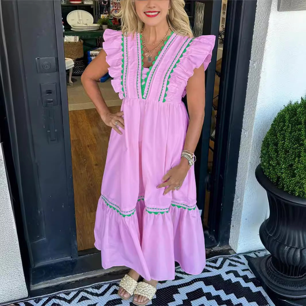 Robe sans manches à volants et patchwork de dentelle pour femmes