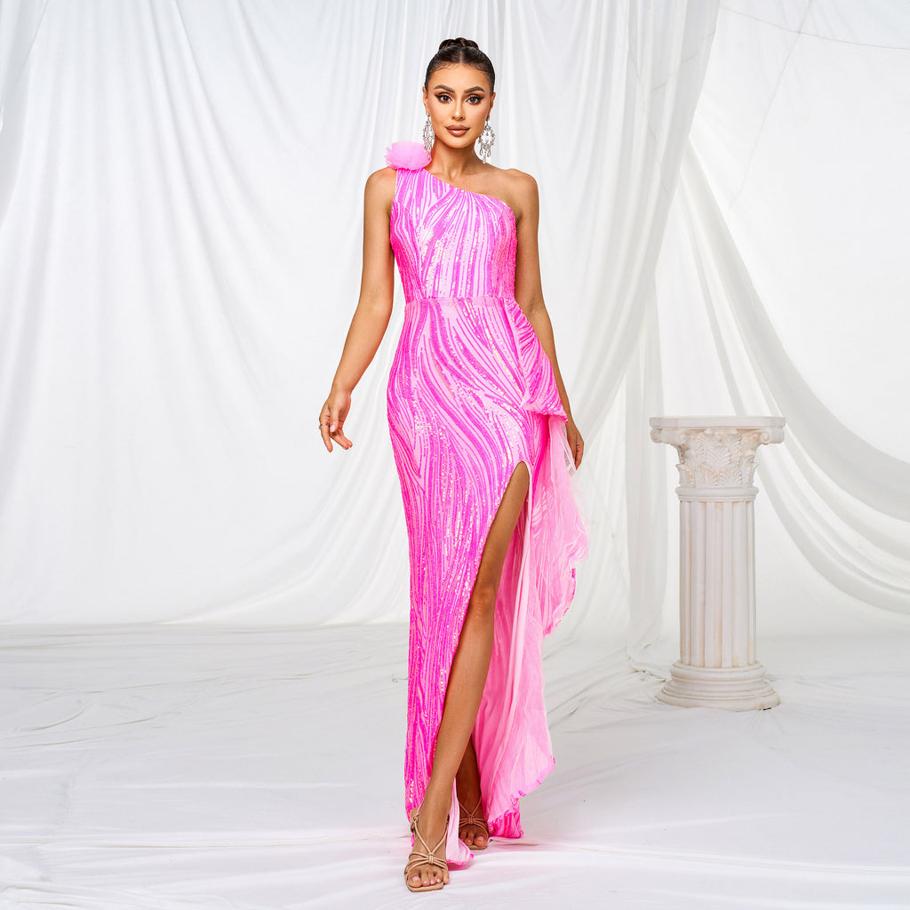 Robe de soirée longue fendue asymétrique à sequins rouge rose, taille haute