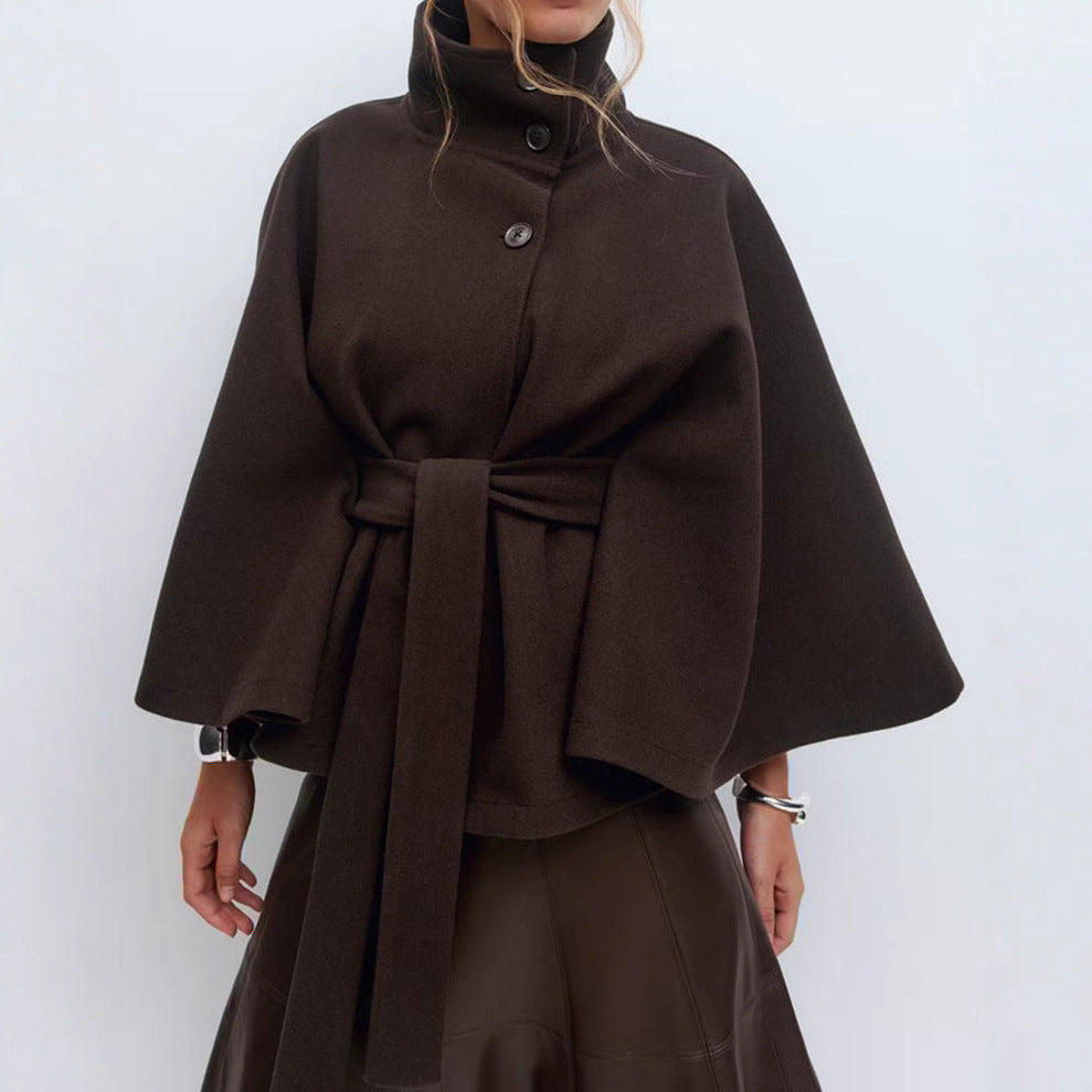 Trench-coat d'hiver pour femme avec ceinture, col montant et boutons, couleur unie
