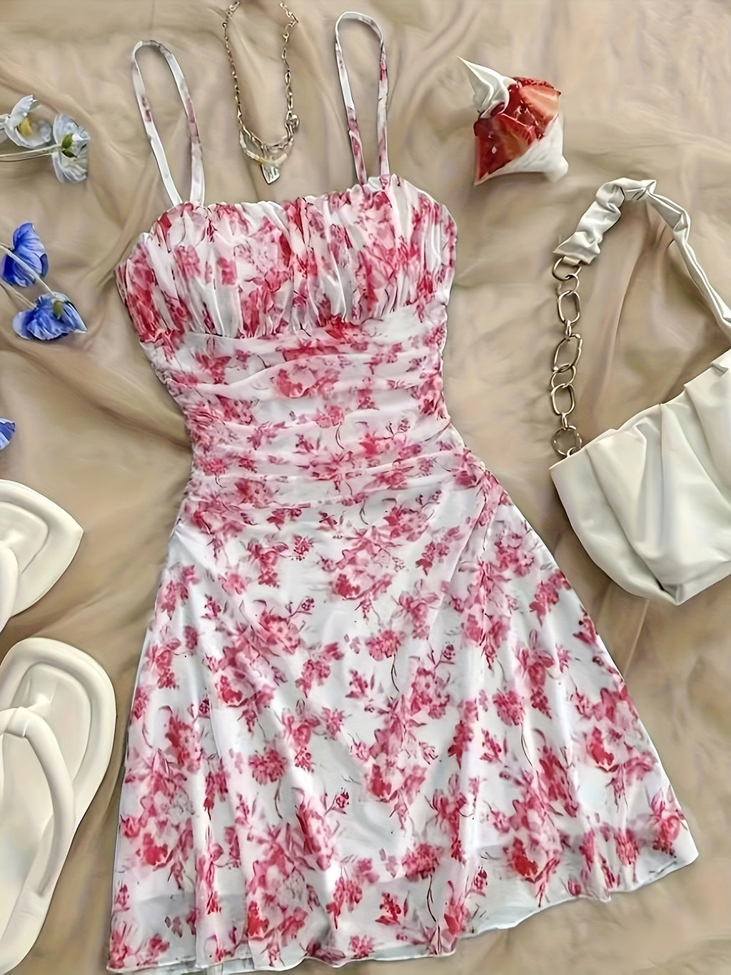 Women's Blue Floral Mid Waist French Strap Dress