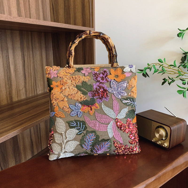 Vintage Embroidered Colorful Sequin Bamboo Handbag