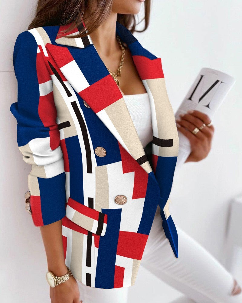 Long Sleeve Double-Breasted Printed Slim Fit Suit Jacket