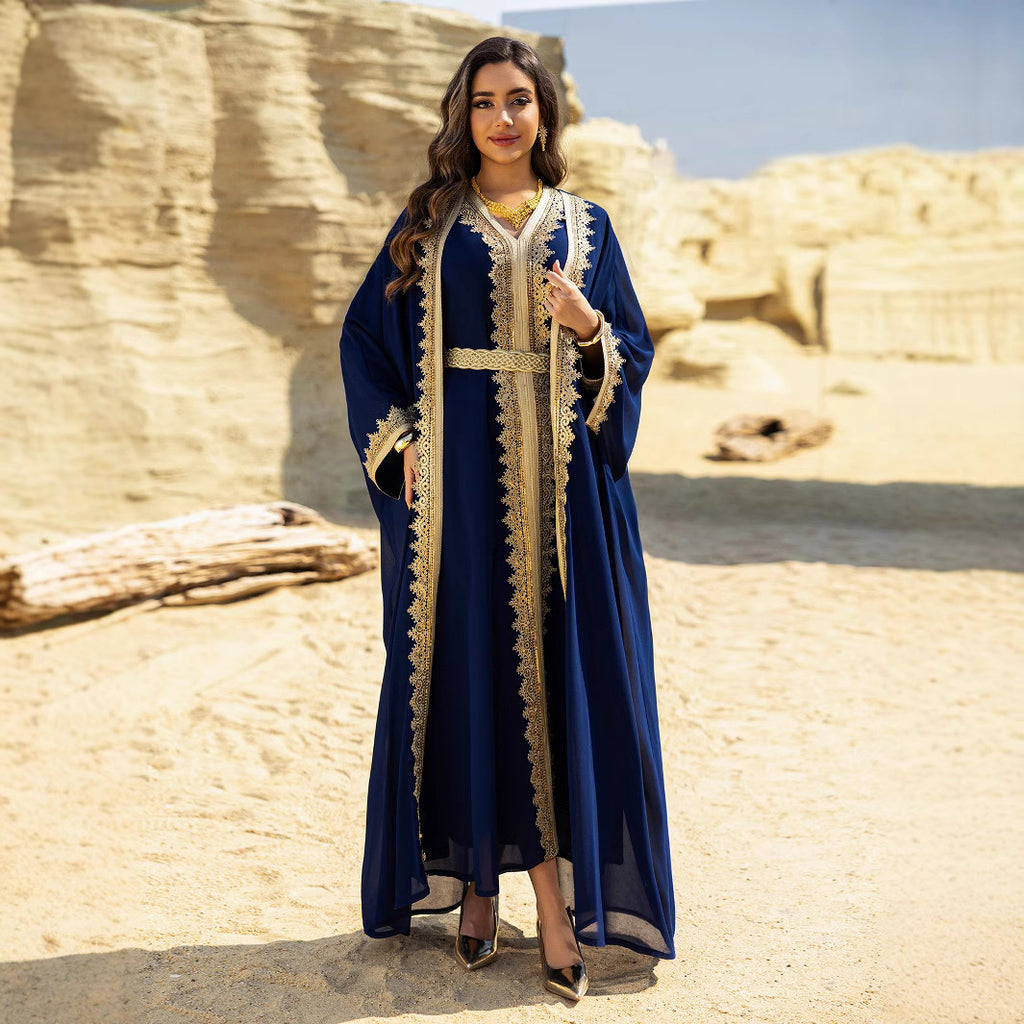فستان إسلامي من الشيفون الأزرق السماوي مع حزام، مقاسات S-XXL