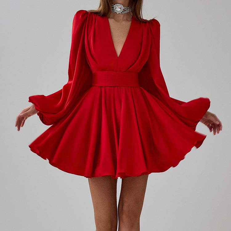 Red Puff Sleeve V-Neck Pleated Waist Tie Dress