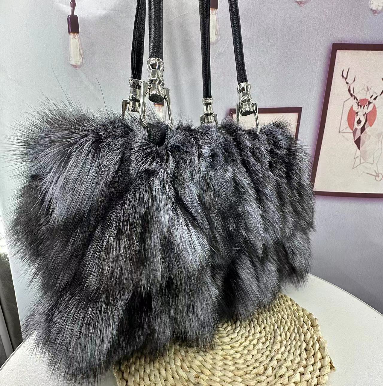 Silver Fox Fur Portable Shoulder Messenger Bag 30cm
