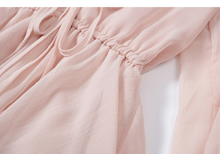 Women's Pink V-Neck Lace-Up Chiffon Lantern Sleeve Dress