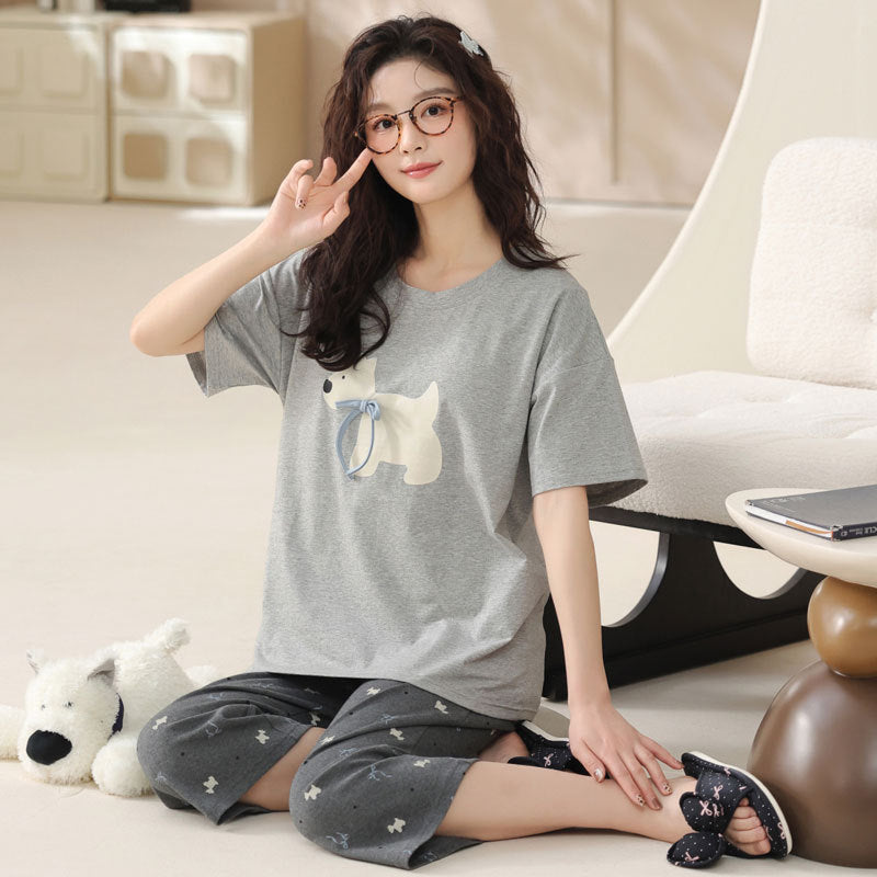 Padded Pajamas Cotton Short-sleeved Cropped Pants Suit