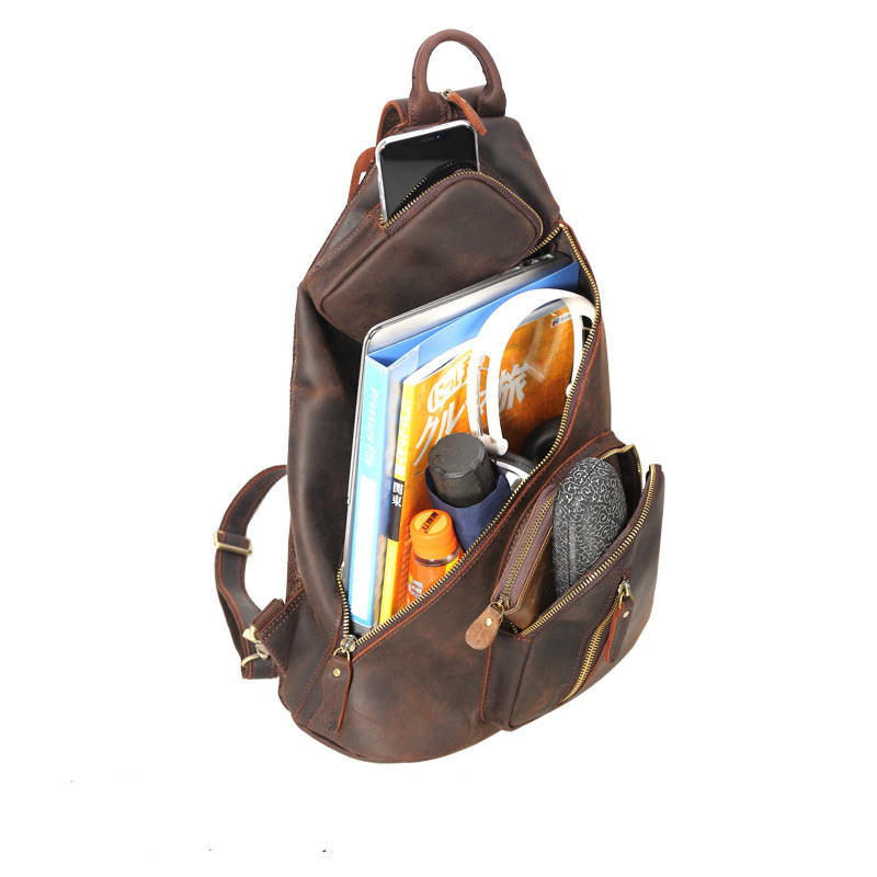 Men's Genuine Leather Large Capacity Multifunctional Chest Bag Dark Brown