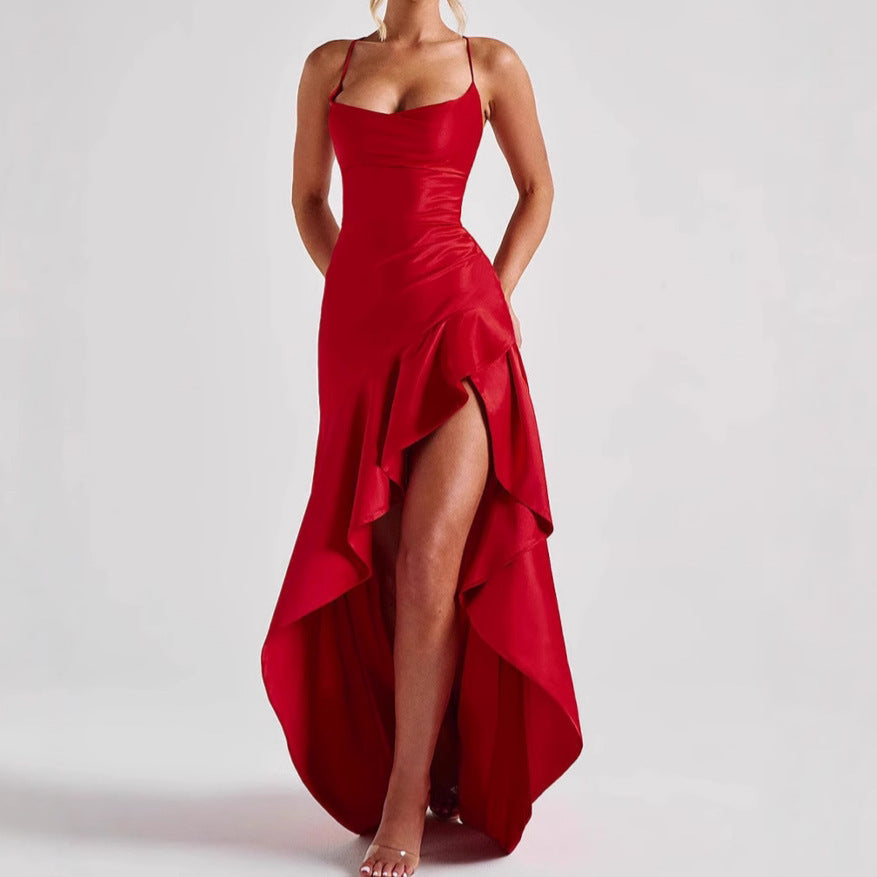 Robe longue bustier asymétrique à volants pour femme, sans manches, fendue, pour l'été, soirée, club