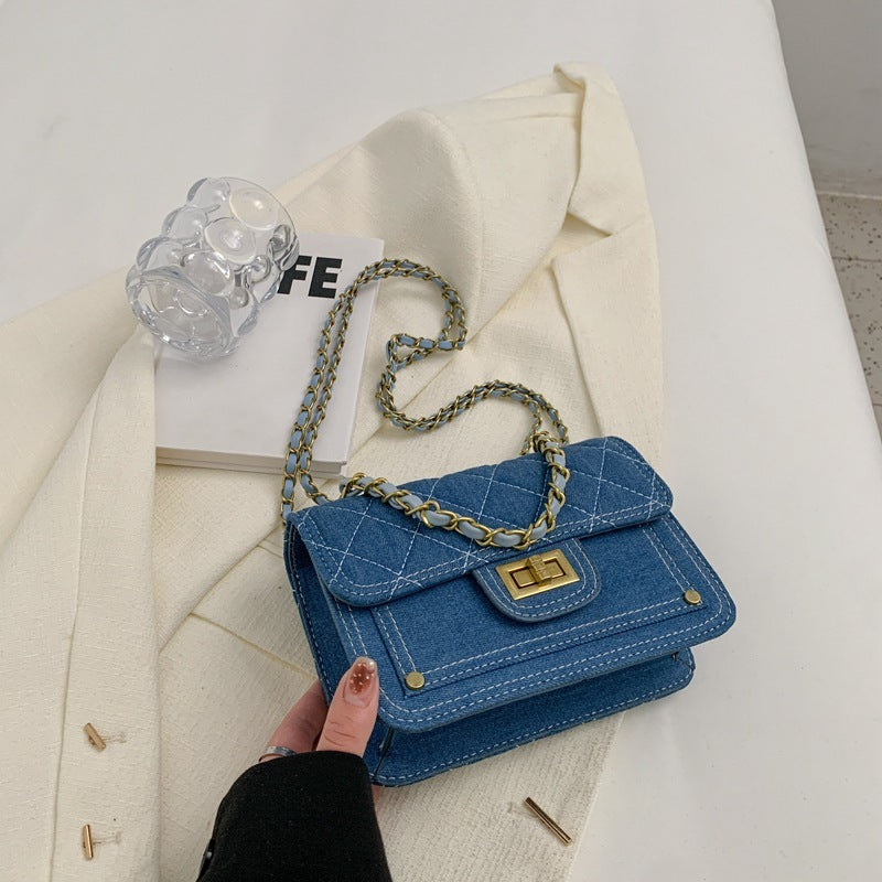 Casual Denim Medium-Hardness Lock Crossbody Bag in Black & Blue