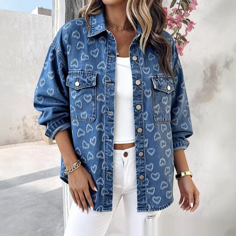 Veste en jean jacquard bleu cœur rétro femme, imprimé intégral