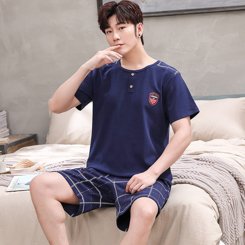 Summer Cotton Men's Short-Sleeve Pajama Set with Bird Plaid Shorts