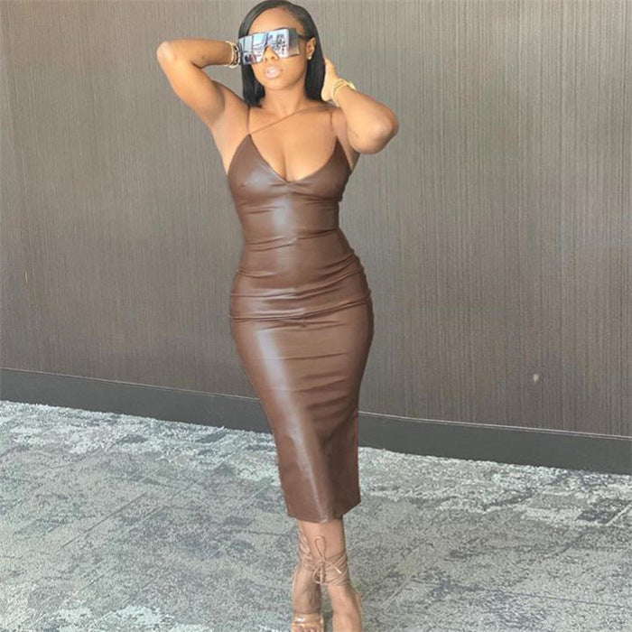 PU Leather V Neck Sling Dress with Slit Midi Skirt in Black & Brown S-XL
