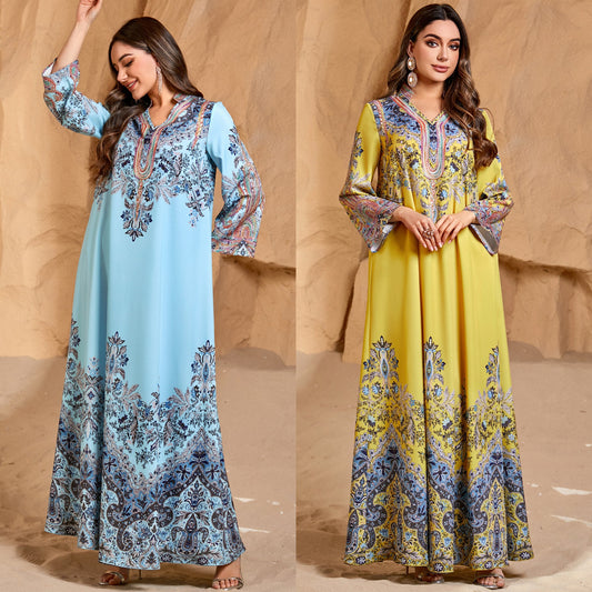 Printed Women's Arabian Casual Abaya Round Neck Loose Dress