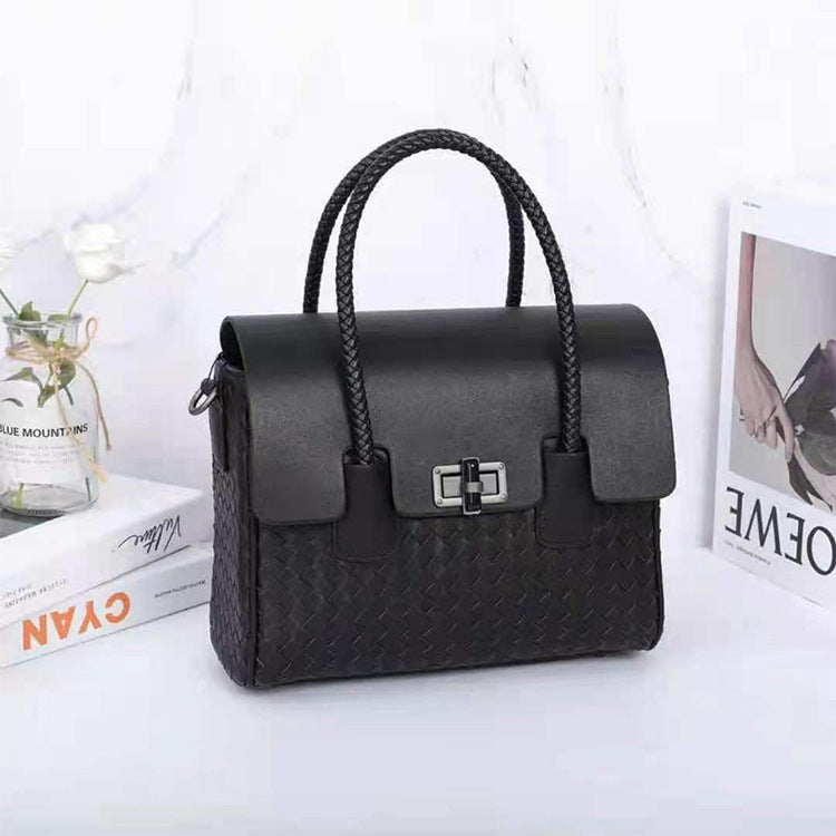Women's Large Genuine Leather Woven One-Shoulder Messenger Bag