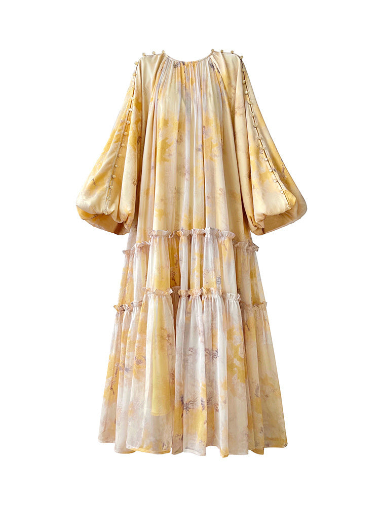Premium Heavyweight Ink Print Puffy Hem Dress with Lacing, One Size