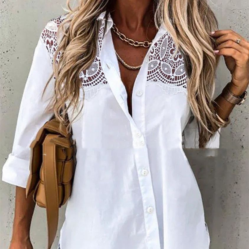 Chemise cardigan à revers en dentelle à manches longues ample de couleur unie pour femmes