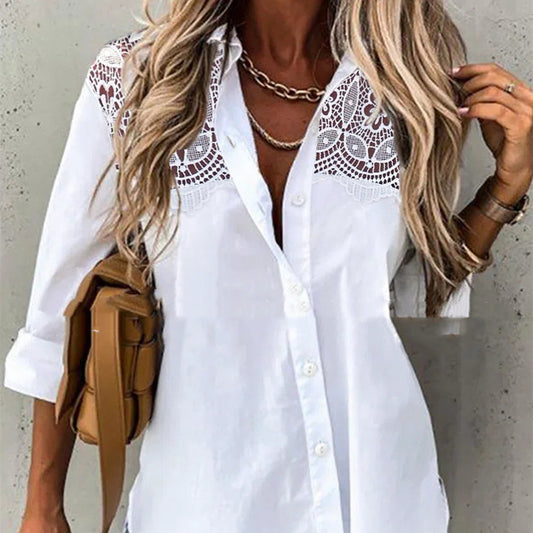 Loose Long Sleeve Lace Stitching Lapel Shirt Solid Color Women's Cardigan Single Breasted
