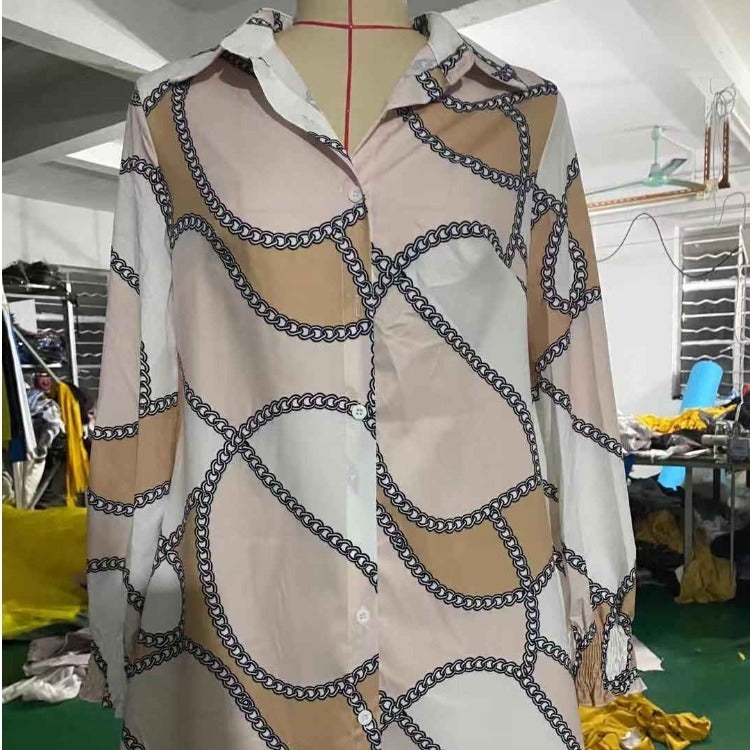 Printed Ladies Long-sleeved Shirt Dress