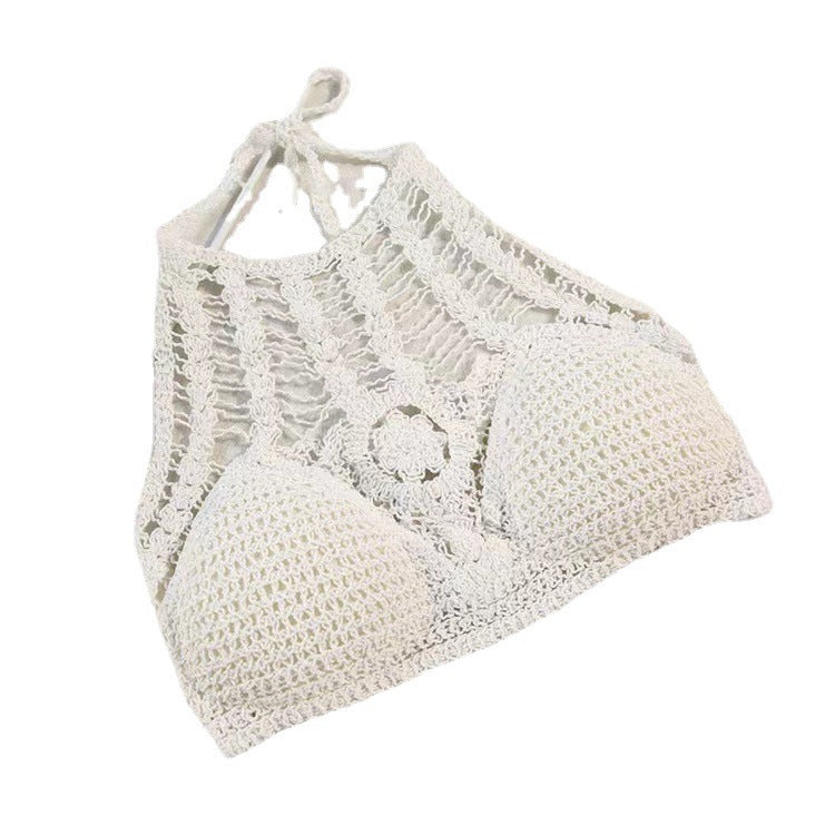 Haut à bretelles en coton brodé ajouré pour femme avec coussinets de poitrine