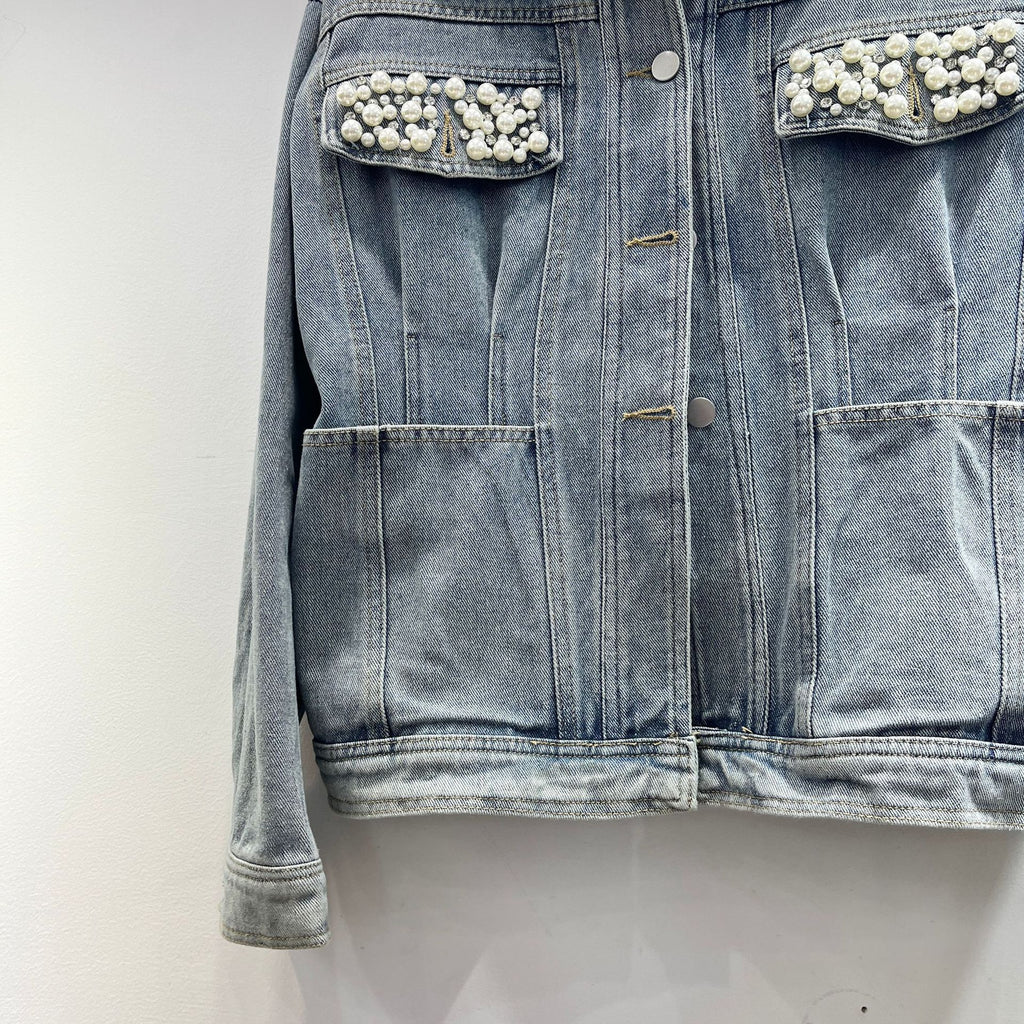 Vintage Blue Washed Denim Jacket Women’s Casual Heavy Industry Beads M-L
