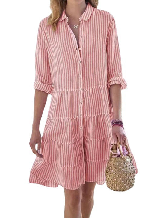 Striped Long-Sleeve Lapel Button Shirt Dress for Women