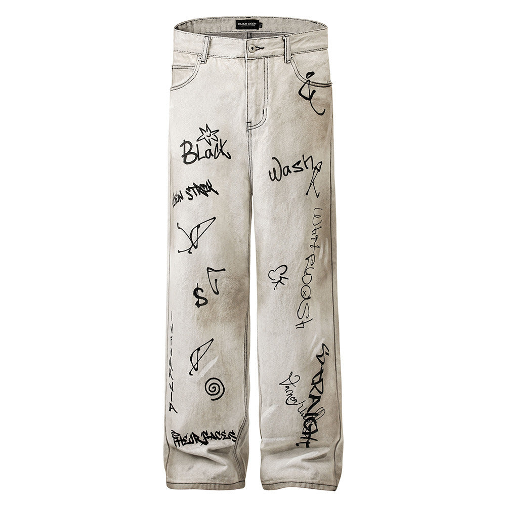 Hand-Painted Graffiti Print Jeans for Men in Light Gray & Washed Blue
