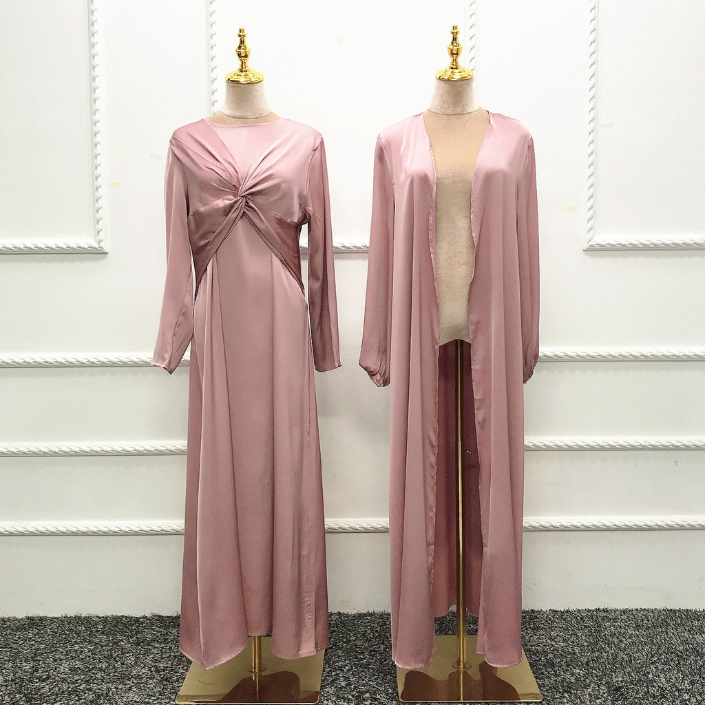 Turkey Dubai Fashion Solid Color Two-Piece Dress Cardigan Set for Middle Eastern Women