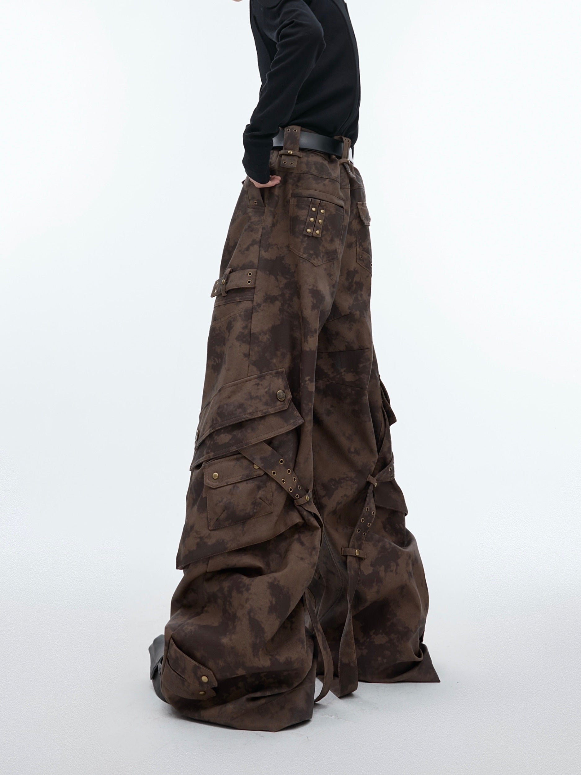 Pantalon en cuir de travail épais multi-poches vieilli style rétro