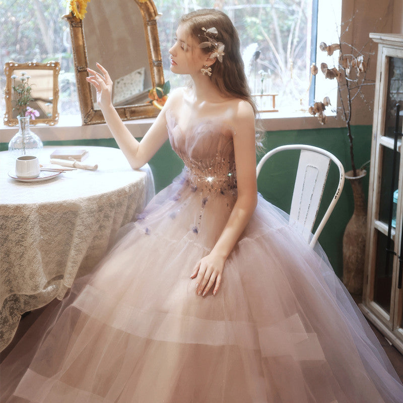 Robe de soirée à jupe trapèze, à bretelles, fleurie, pour mariée, fiançailles, mariage, style élégant