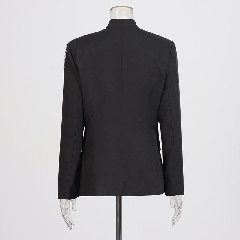Rhinestone Solid Color Suit Coat for Women in Black & White