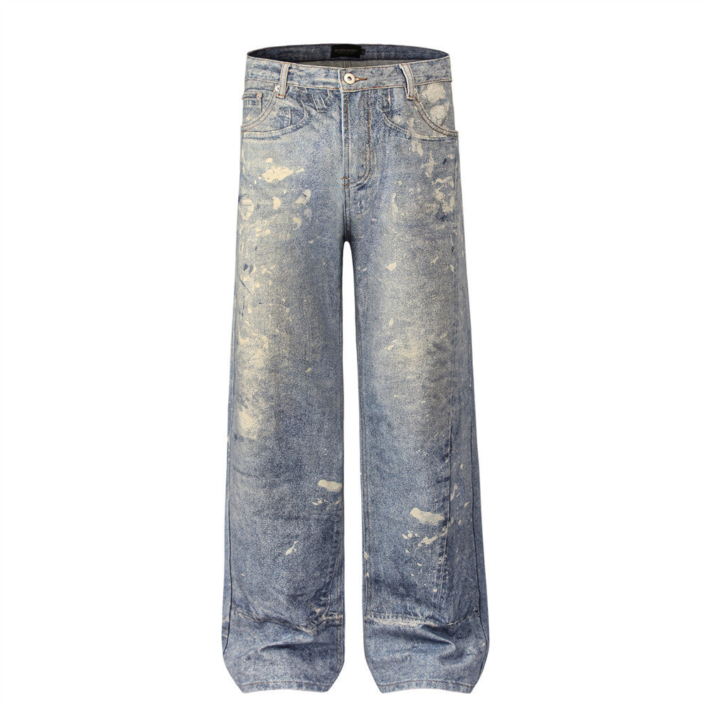 Jeans bleus taille mi-haute amples personnalisés graffiti pour homme