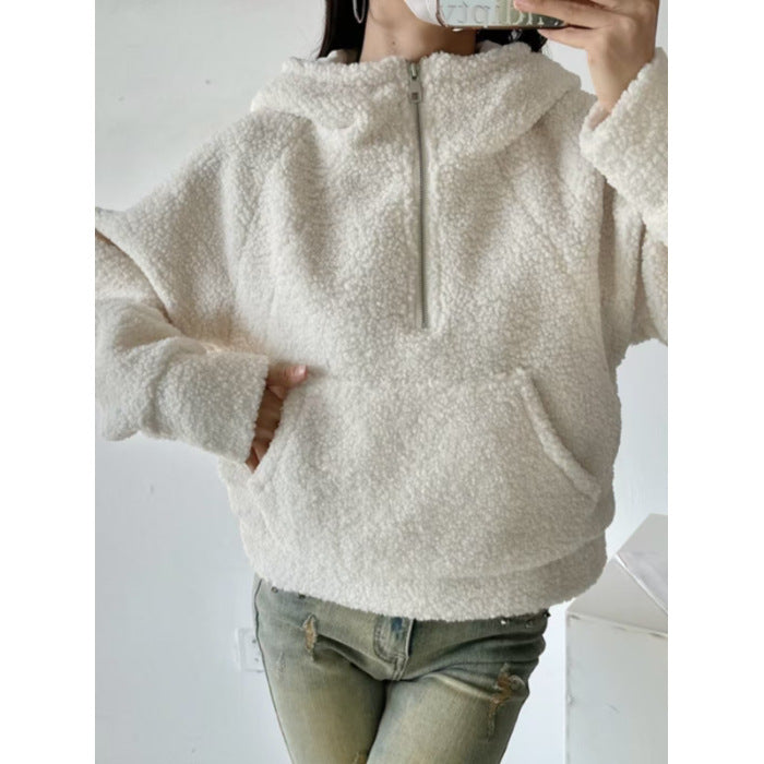 Sweat à capuche demi-zip décontracté pour filles en fausse laine d'agneau