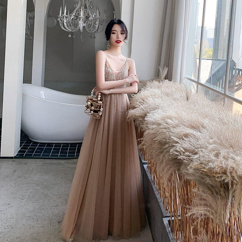 Elegant Light Khaki Sling Dress Skirt with Sequins for Annual Meeting Host