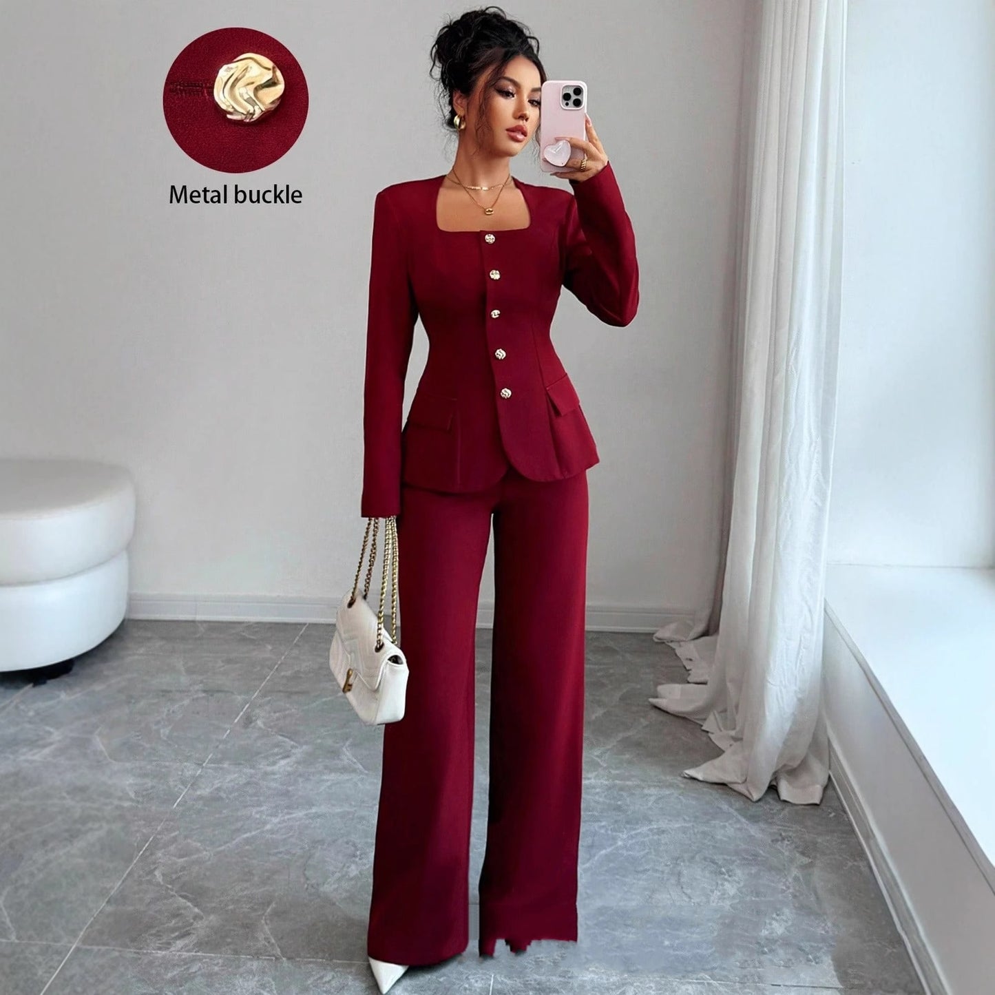 Defined-Waistline Long-Sleeve Top And Wide-Leg Pants Two-Piece Pants Set
