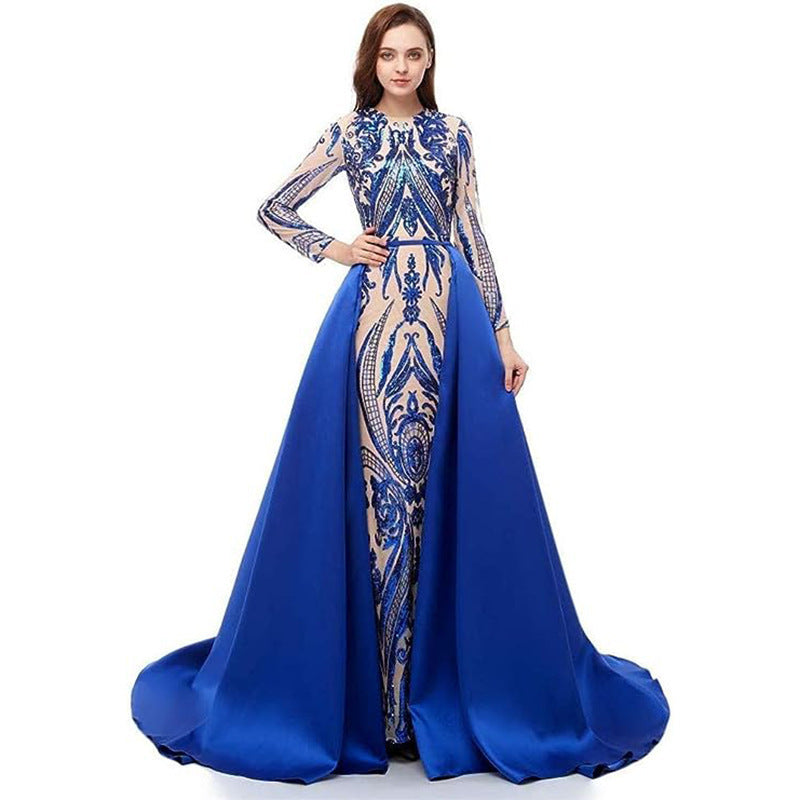 Robe de soirée longue traînante à manches longues pour femmes, disponible en plusieurs couleurs