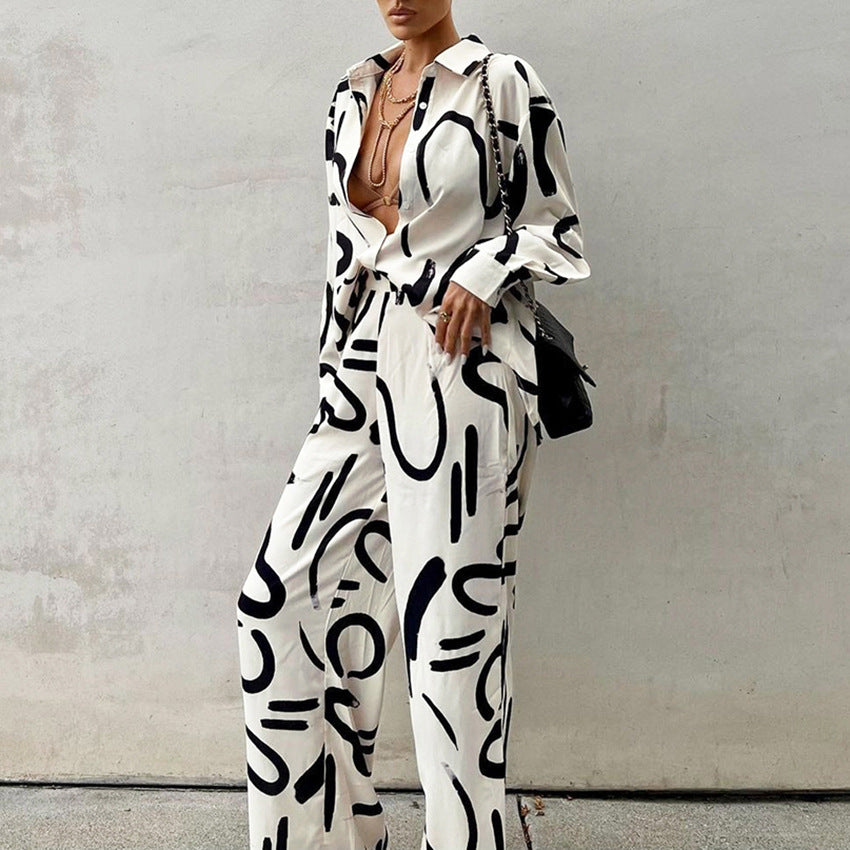 Ensemble chemise imprimée noir et blanc à manches longues et pantalon taille haute à jambes larges