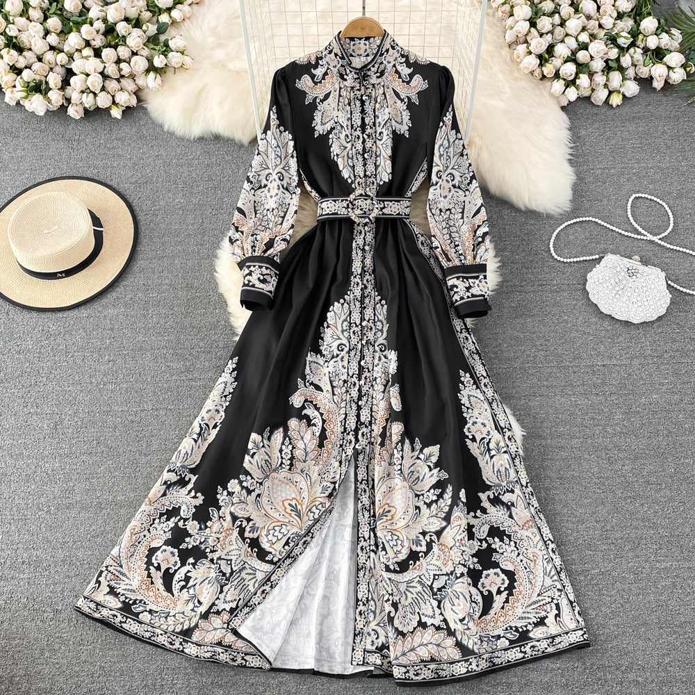 Retro Graceful Stand Collar Printed Waist-controlled Buckle A- Line Muslim Casual Dress