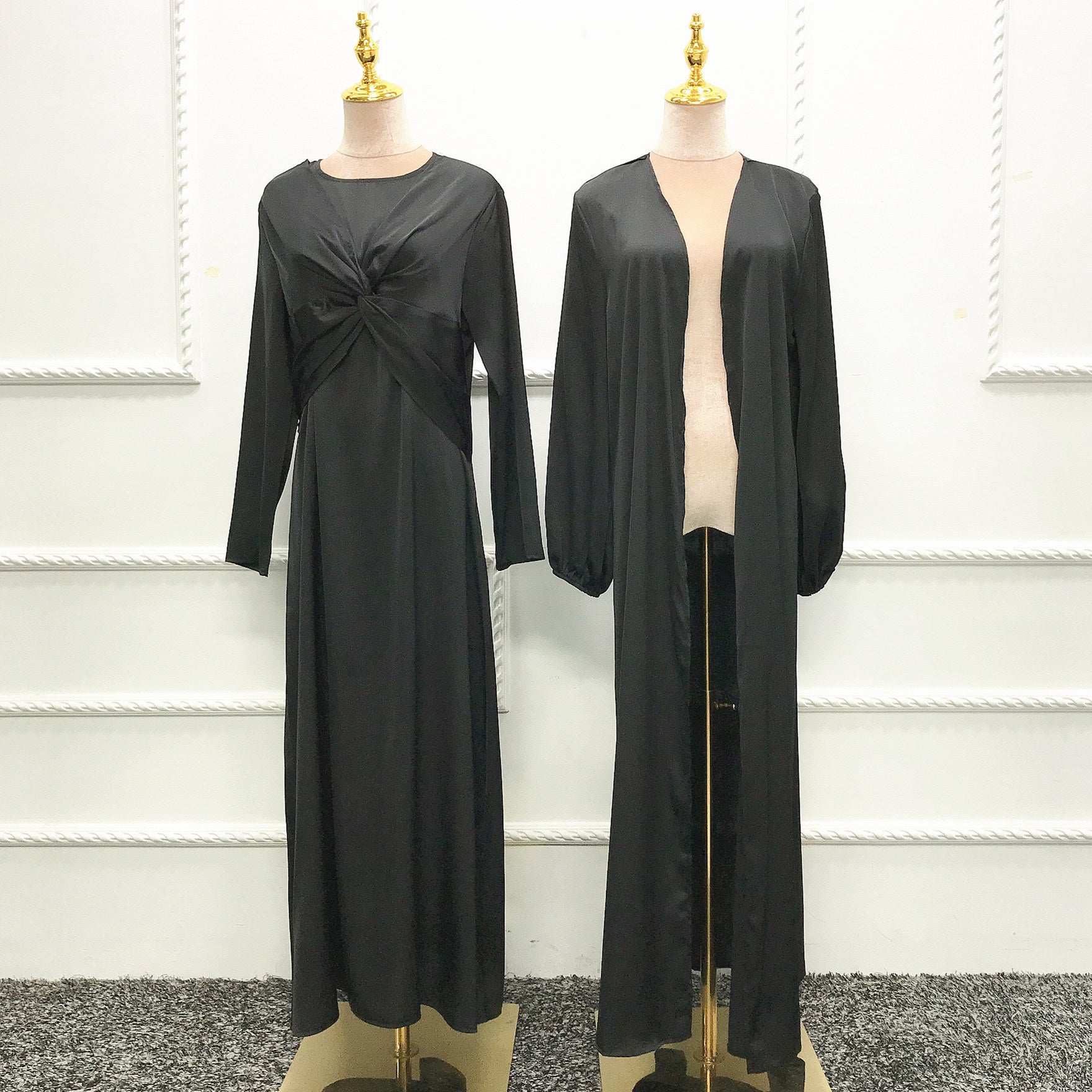 Turkey Dubai Fashion Solid Color Two-Piece Dress Cardigan Set for Middle Eastern Women