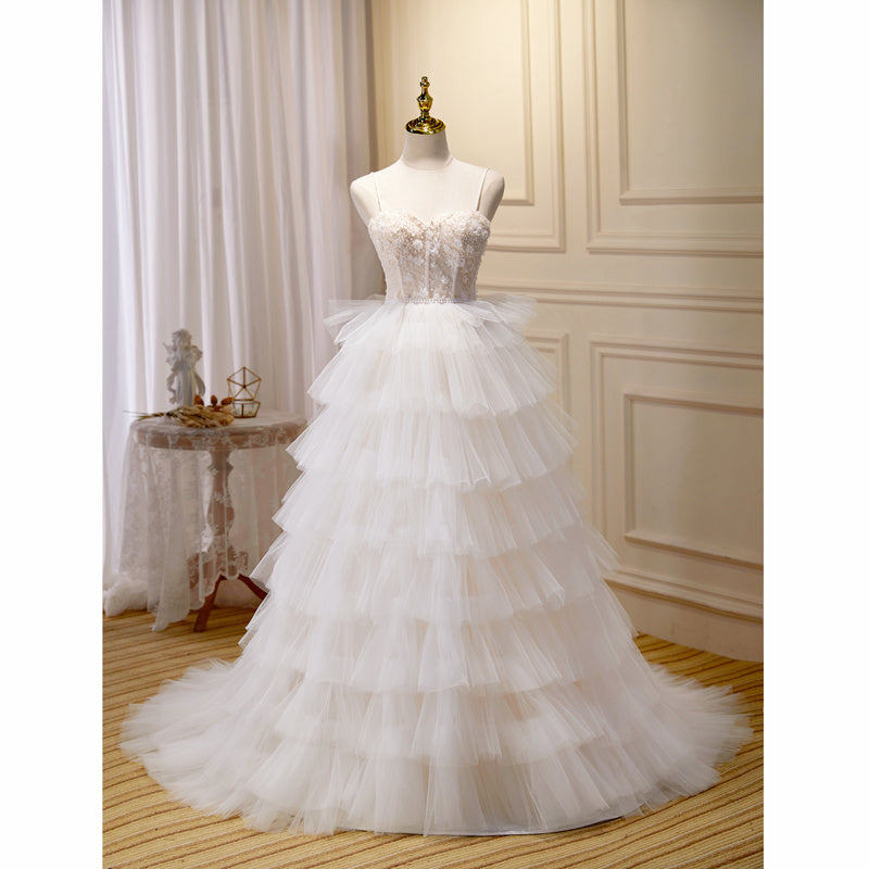 Beautiful Girl Suspender Wedding Dress With Elegant Train