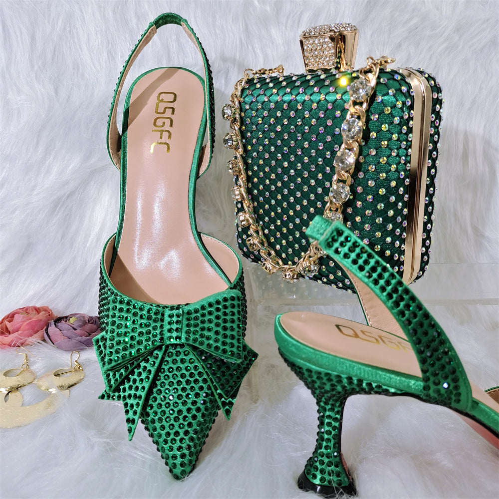 Pointy High Heel Sandals with Metal Diamond Chain Handbag Set