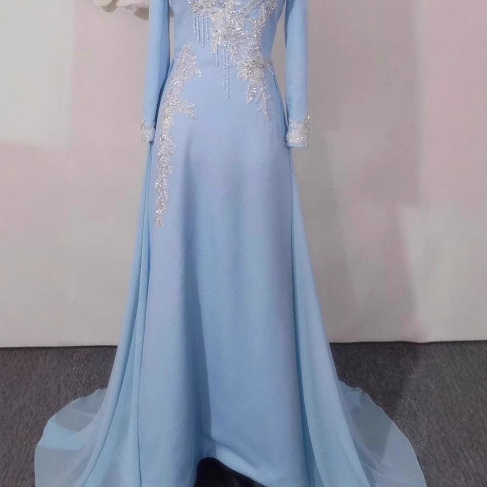 Robe longue en polyester bleu clair de luxe à manches longues et taille haute pour femme