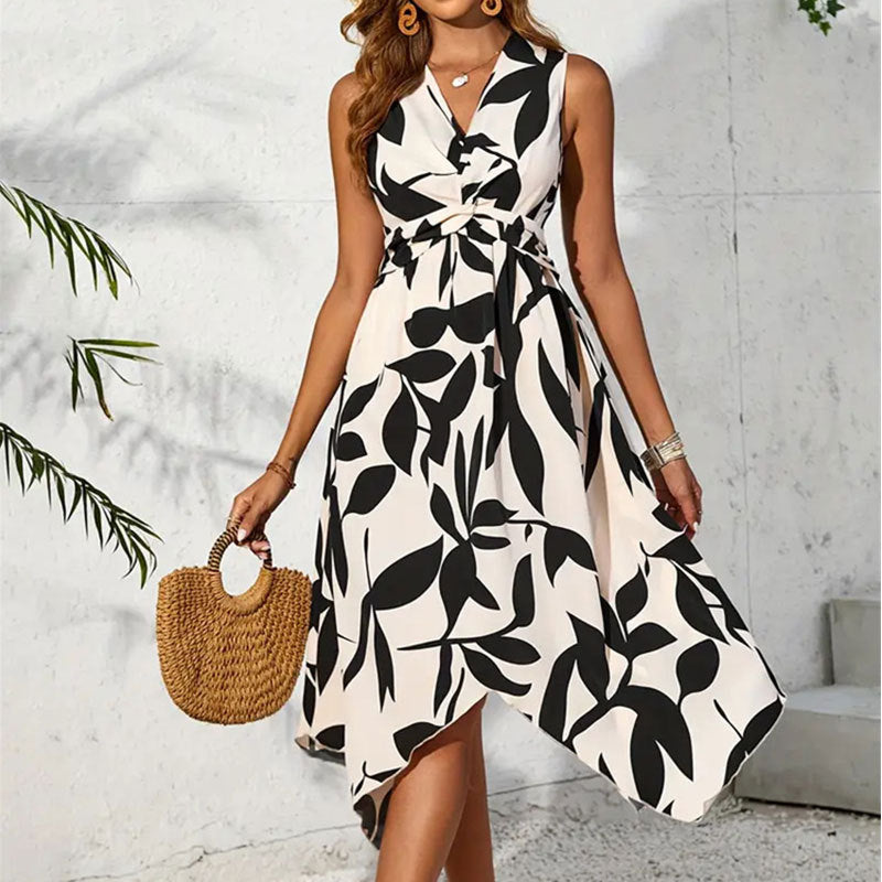 Robe sans manches en polyester, taille haute torsadée asymétrique, imprimé feuilles
