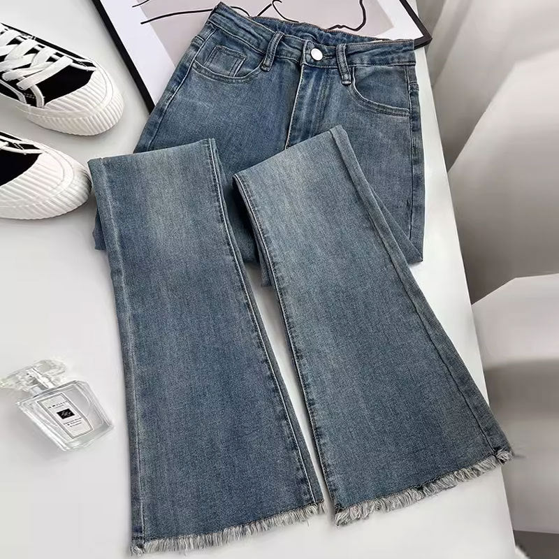 Jean skinny taille haute rétro personnalisé pour femme en bleu vintage, noir et gris