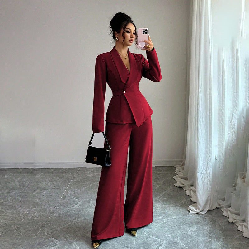 Women's Long-Sleeve Suit Jacket with Straight-Leg Pants Set