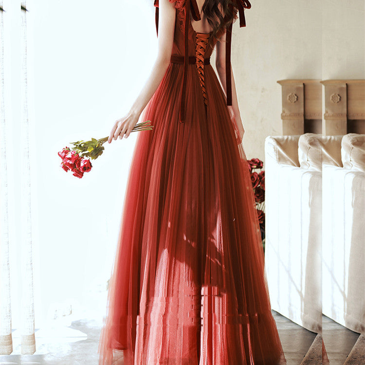 Robe de fiançailles sans manches rouge style coréen pour femme