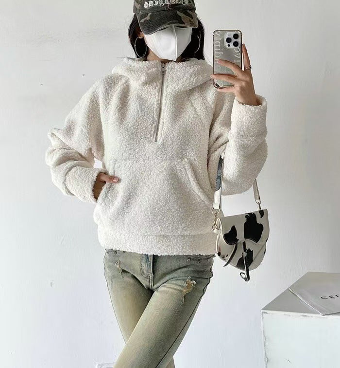 Sweat à capuche demi-zip décontracté pour filles en fausse laine d'agneau
