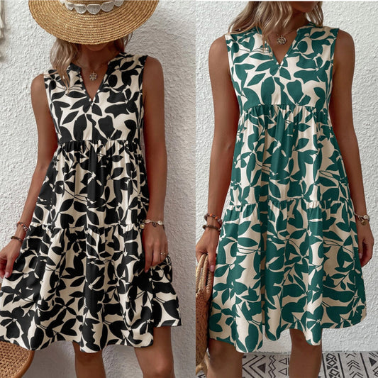 Women's Loose V-neck Pleated Print Dress