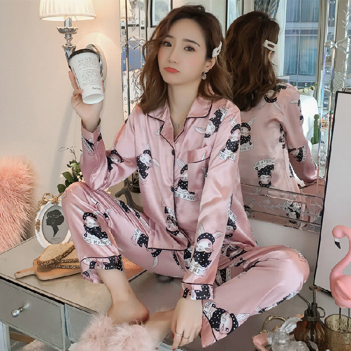 Women's Spring & Autumn Ice Silk Pajama Set Loose Homewear Trousers